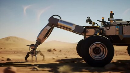 Autonomous rover exploring martian terrain with robotic arm extending for soil collection - Powered by Adobe