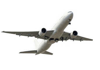 White passenger jet airplane ascending isolated on transparent background