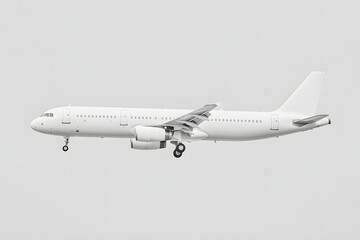 A side view of a large, white passenger airplane flying against a cloudy sky