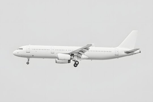 A side view of a large, white passenger airplane flying against a cloudy sky