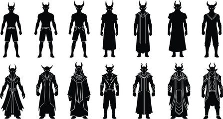 Set of horned demon character silhouettes, dark fantasy villains or evil wizards in robes, RPG enemy vector icons for game design © MD. NUR ISLAM