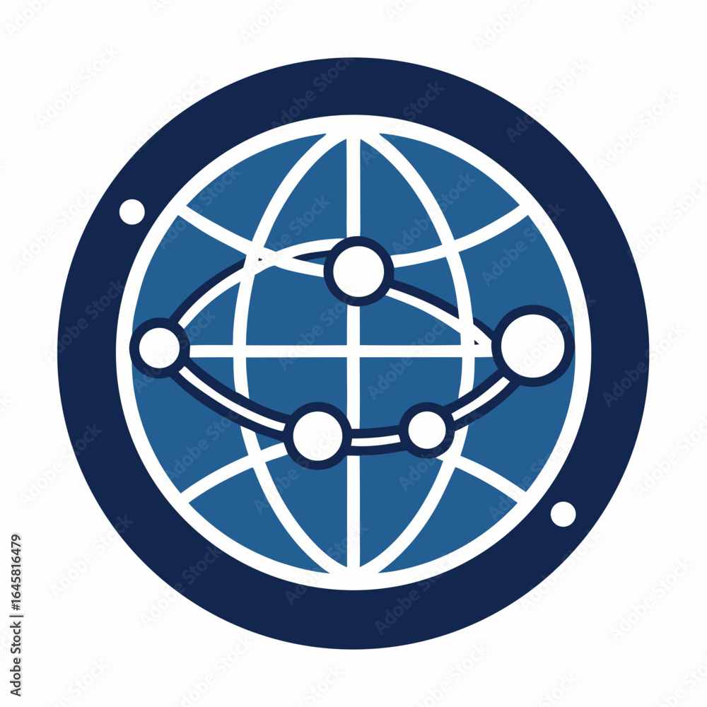 Aufkleber a blue and white circle with a globe in the center. the globe is surrounded by a network of lines