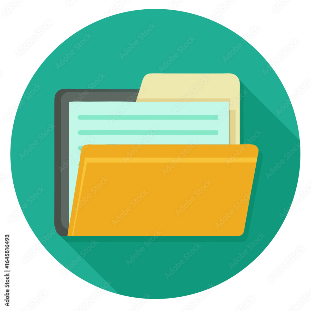 Aufkleber a yellow folder with papers inside. the folder is open and the papers are visible. the folder is on 