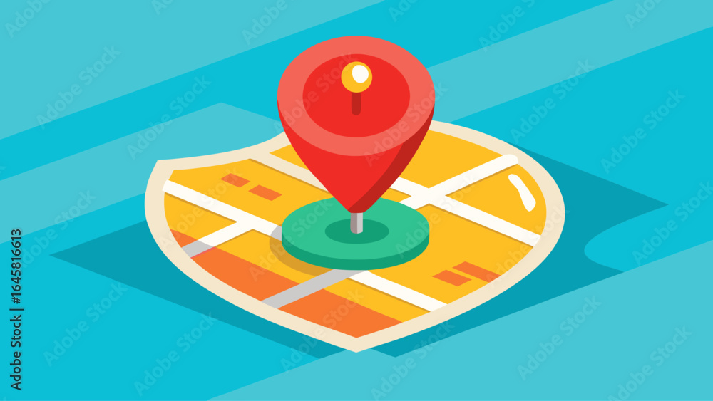 Poster a red and green pin pointing to a location on a blue background. the pin is placed in the center of 