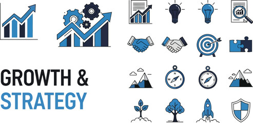 Growth and strategy icons representing business development and strategic planning elements in blue and black