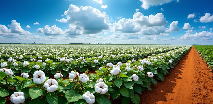 Vast cotton field under a blue sky with fluffy clouds and a dirt path