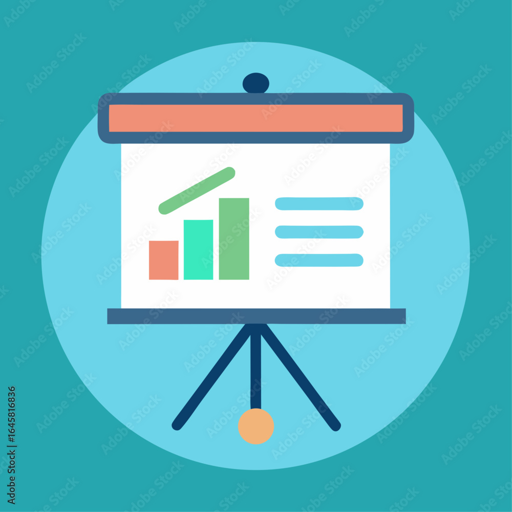 Poster a blue background with a projector screen on a stand. the projector screen has a graph on it