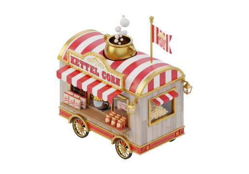 Isometric Kettle Corn Food Cart with Red and White Stripes on Transparent Background Sweet Snack Vendor With Gold Accents Delicious Treat