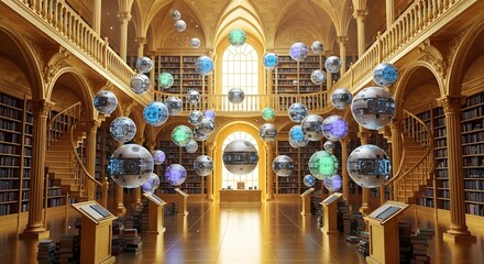 Digital Archives: Floating AI Spheres in an Ornate Golden Library Hall