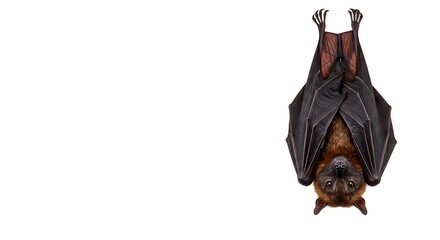 photorealistic vampire bat hanging upside down with wings folded, isolated on white, subject on the right with copy space on the left. ,hyper realistic digital art ,isolated on bright background