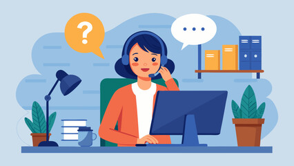 A woman is sitting at a desk with a computer and a potted plant. She is wearing headphones and she is working