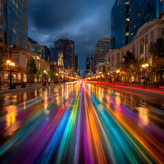 Fototapeta premium Vibrant Cityscape at Night with Colorful Light Beams, cityscape photography, twilight, long exposure, wet streets, reflections