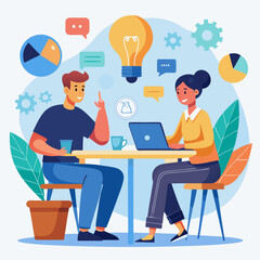 A man and a woman are sitting at a table in a room. The man is using a laptop while the woman is talking to him. The room has a modern and professional vibe, with a clock on the wall