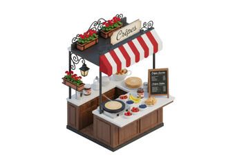 Isometric Pancake Stall with Red Awning Flowers and Assorted Toppings Isolated on Transparent Backdrop for Digital Design and Marketing