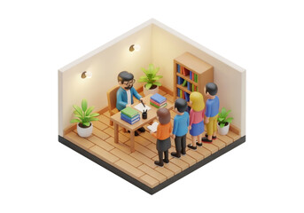Isometric Office Scene with People Queuing at Desk in a Small Room with Wooden Floors Light Walls and Bookshelf