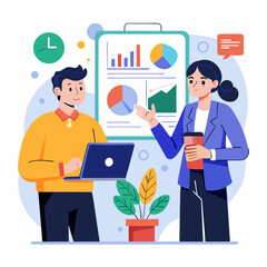 A man and a woman are looking at a presentation on a laptop. The woman is holding a cup of coffee