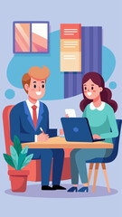 A man and a woman are sitting at a table with a laptop in front of them. The man is wearing a suit and tie, and the woman is wearing a green shirt. They are discussing something important