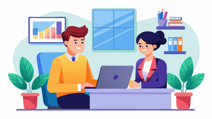 A man and a woman are sitting at a table with a laptop in front of them. The man is wearing a suit and tie, and the woman is wearing a green shirt. They are discussing something important