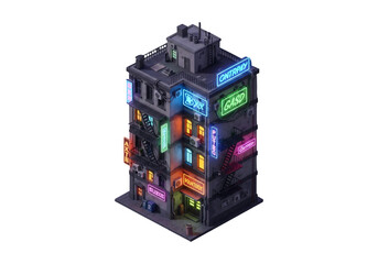 Isometric Pixel Art Building with Vibrant Neon Lights Against Black Background