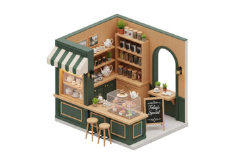 Isometric Pixel Art Cafe Interior Display with Wooden Furniture Warm Lighting and Transparent Background