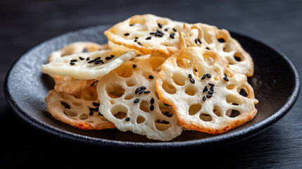Naklejka premium A close up of lotus root chips sprinkled with black sesame seeds on a dark plate surface
