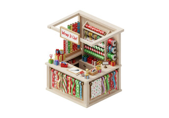 Isometric Pixel Art Christmas Gift Wrapping Station with Festive Decorations on Transparent Background