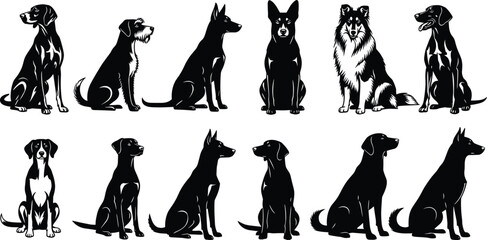 Sitting dog silhouette vector collection, various dog breeds in black and white, pet animal graphic set for logo, label, or design use