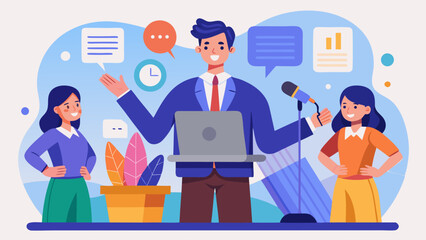 A man is holding a microphone and talking to a group of people. The people are smiling and seem to be enjoying the conversation. Concept of positivity and camaraderie