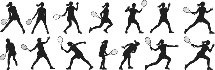 Tennis player silhouette vector set, female athlete tennis poses, black sports icons, tennis racket action illustrations, athletic movement vector collection, sportswoman design elements