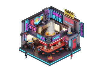 Isometric Pixel Art Japanese Restaurant at Night with Neon Lighting and Smoke and Cityscape Pixel Urban Scene with Retro Cyberpunk Style