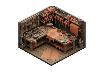 Isometric Pixel Art Leather Craft Workshop with Tools and Equipment for Handmade Craftsmanship in Brown and Vintage Style Interior