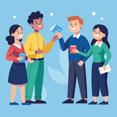 A group of people are standing together and one of them is holding a book. Scene is friendly and social