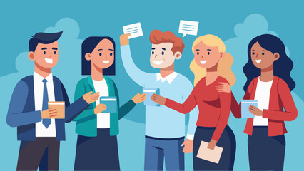 A group of people are standing together and one of them is holding a book. Scene is friendly and social