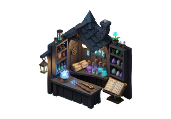Isometric Pixel Art Magic Shop with Potions and Books on Transparent Background for Game Asset