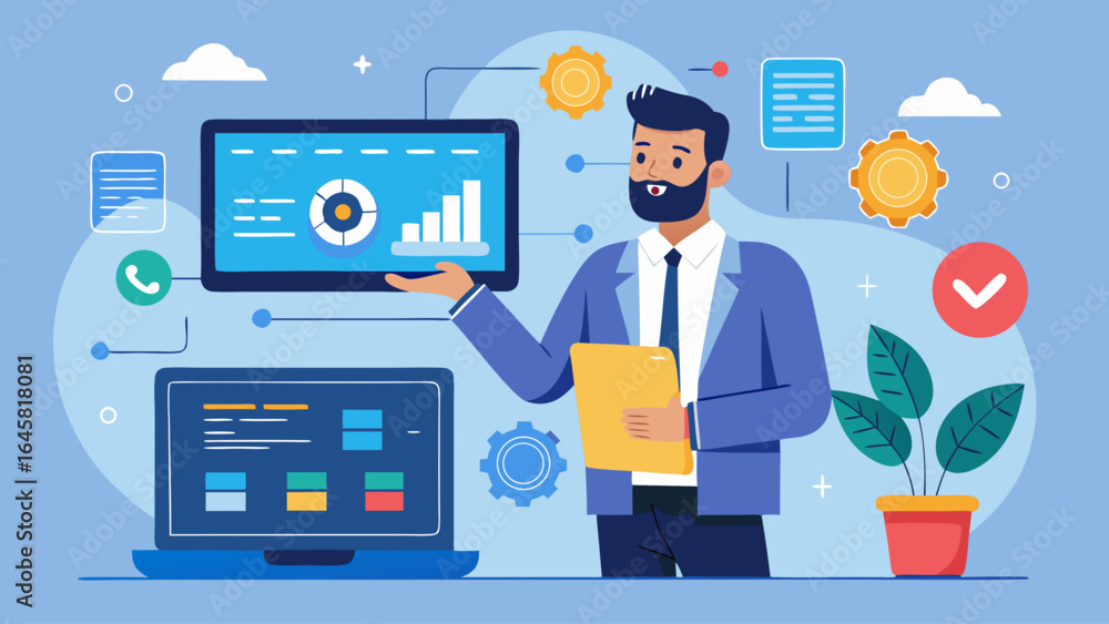 Poster A man in a suit is standing in front of a computer monitor with a green plant in the background. He is pointing at the screen, which displays a graph. Concept of professionalism and focus