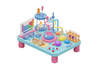 Isometric Pixel Art of a Science Lab Table with Glassware Beakers and Equipment on a Transparent Background