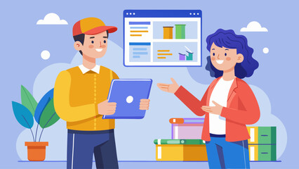 A man and a woman are standing next to a pile of boxes. The man is holding a red box and the woman is smiling. Concept of happiness and excitement