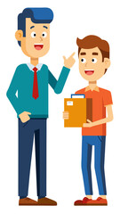 Obraz premium A man and a woman are standing next to a pile of boxes. The man is holding a red box and the woman is smiling. Concept of happiness and excitement