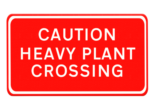 Digital composite. ..Road sign - Caution heavy plant crossing. ..Plant in this case refers to heavy machinery such as trucks or mechanical diggers.