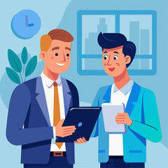 A man and a woman are standing next to each other in a room. The man is holding a tablet and the woman is looking at it. Scene is friendly and collaborative