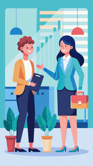 Two women are talking to each other in a kitchen. One of them is holding a folder. Scene is friendly and professional