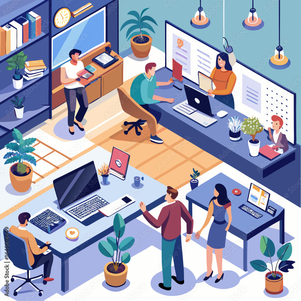 Poster a group of people are working in an office with a clock on the wall. there are several potted plants