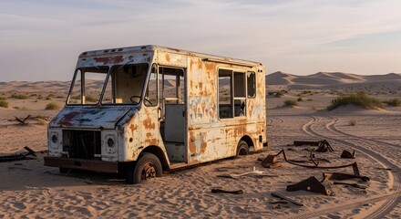 Faded Joy: A Rusty, Abandoned Ice Cream Truck Sinking into Desert Sands