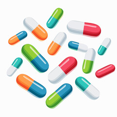 Colorful Capsules Scattered on White Background