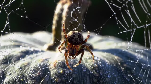 Close-up of spider crawling on intricate Halloween web