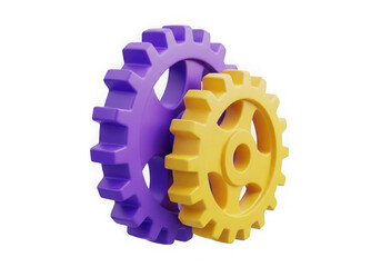 Two interlocking gears one purple and one yellow isolated on transparent background