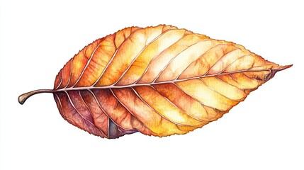Fototapeta premium Watercolor painting of a single, autumnal leaf showcasing detailed veins and warm color transitions from orange to yellow