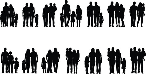 Vector silhouette illustration of diverse family groups with children, parents holding kids, standing together, happy relationships, parenting, unity, and family bonding concept
