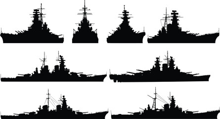 Vector illustration of vintage battleships silhouette collection, military warship black icons, navy fleet design, naval war vessels, historical battleship graphics