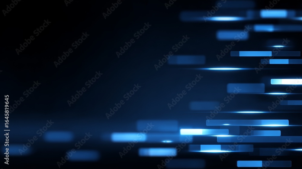 Poster futuristic digital art featuring a deep dark blue background with a geometric pattern of repeating s